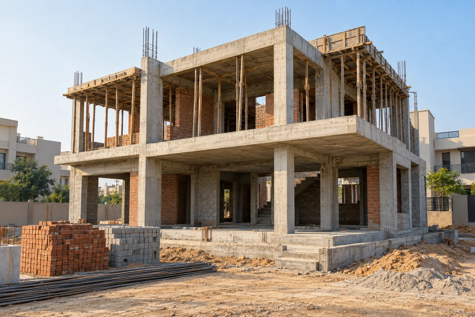 AI-generated illustration of a concrete building structure under construction