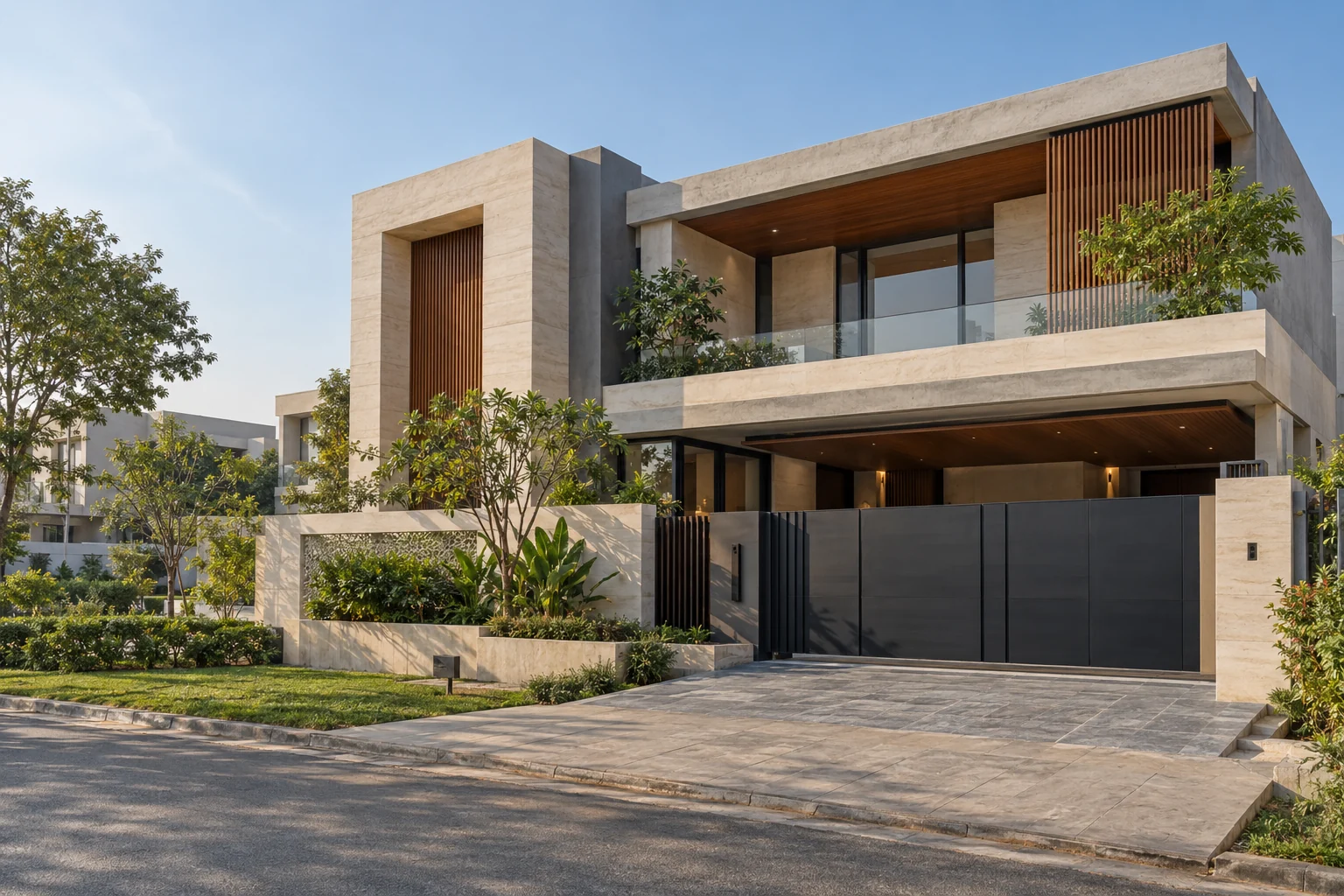 Illustrative modern residence with stone, concrete and timber details in a Lahore-style setting