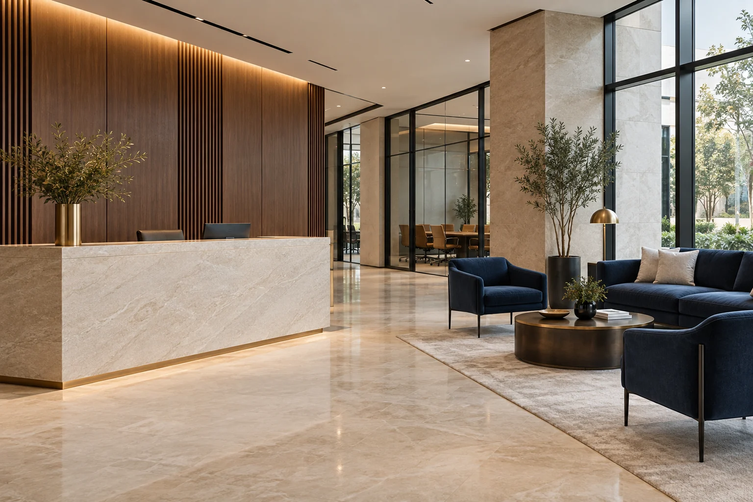 AI-generated illustration of a contemporary interior with natural stone and timber
